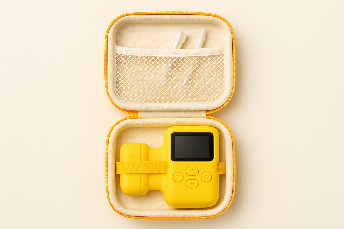 Funda protectora KIDRIUM abierta, mostrando el microscopio guardado dentro