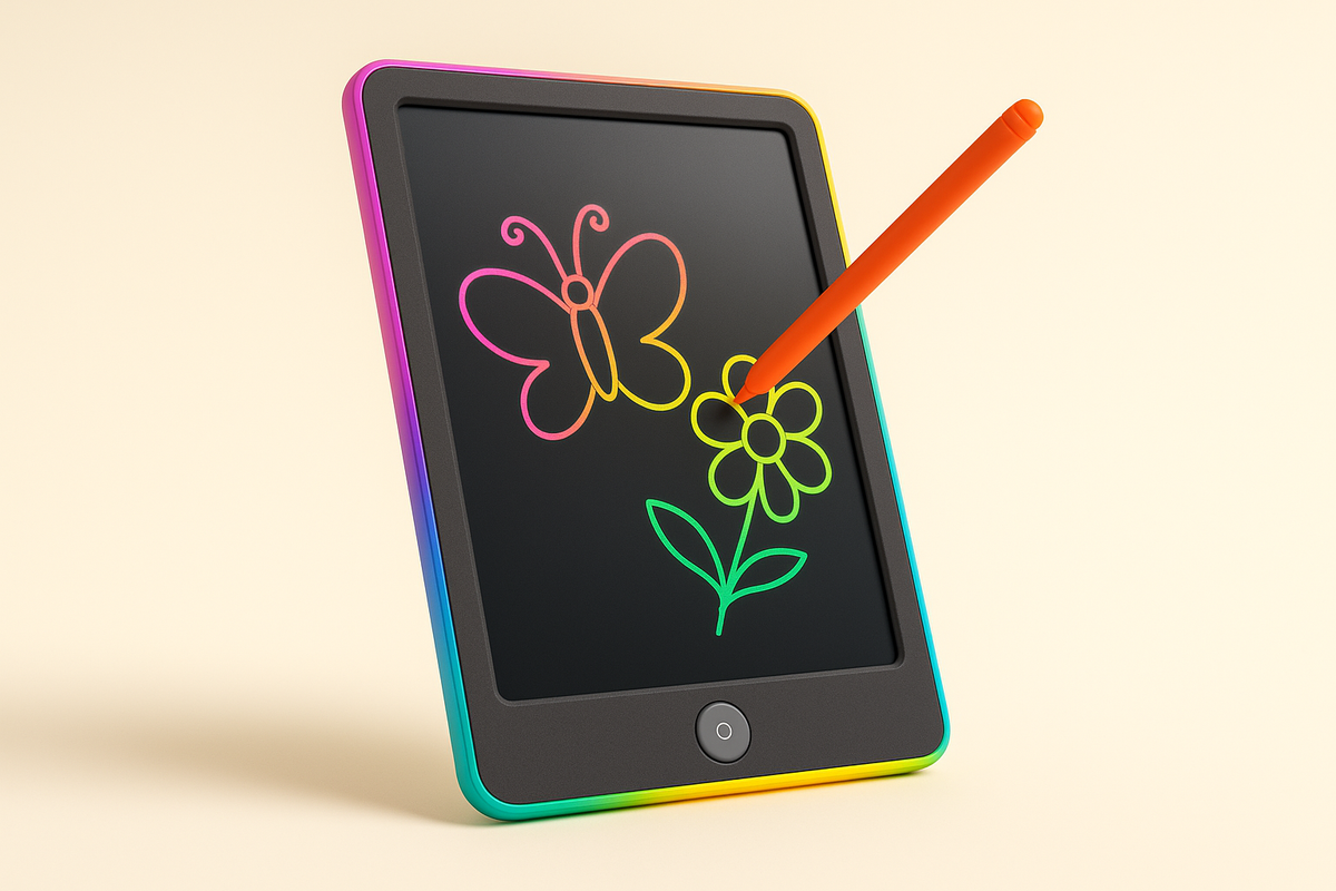 Tableta de dibujo LCD KIDRIUM en uso, dibujando una mariposa y una flor
